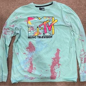 Mint Green Long Sleeve MTV Men's T-Shirt Painted